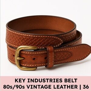 Key Industries Vintage 80s/90s Tooled Leather Western Belt Brass Buckle Sz 36